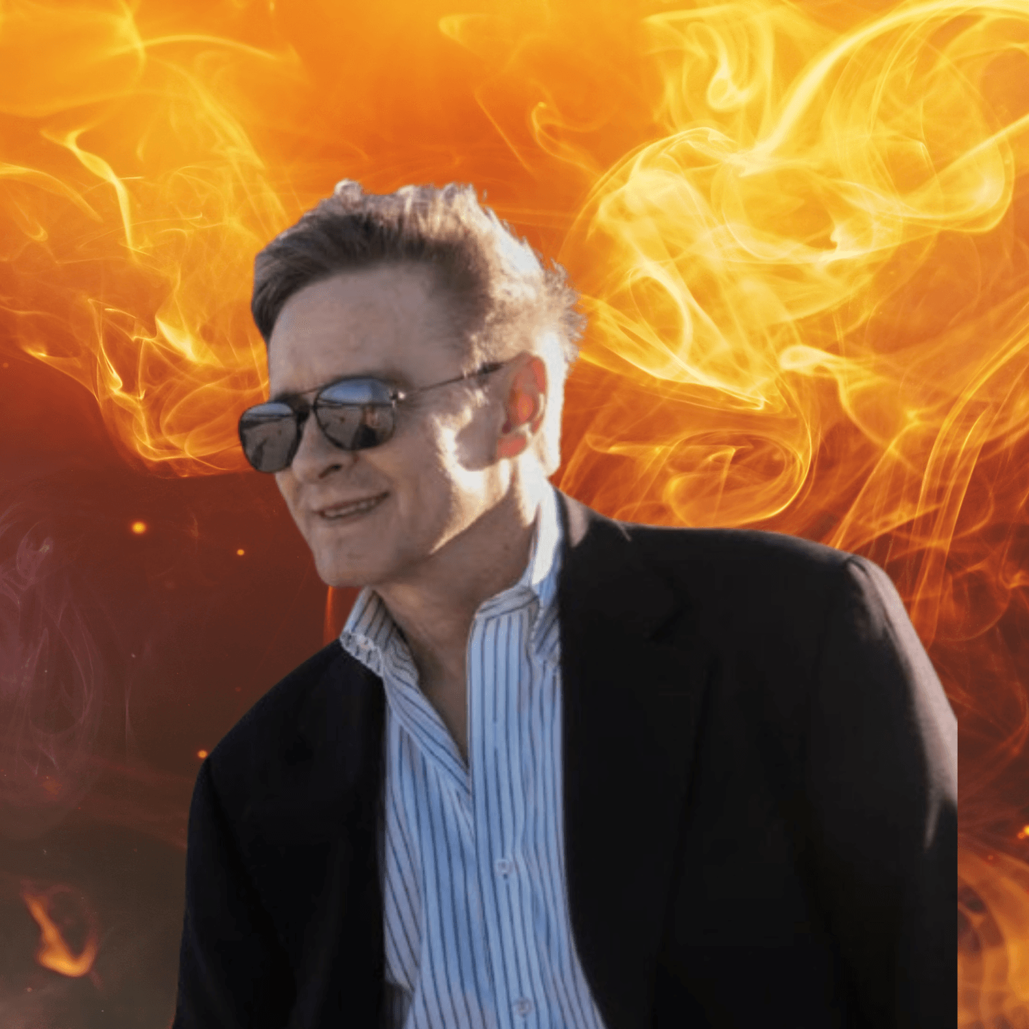 Image of award-winning author Paul Hollis standing confidently amid solar flares, symbolizing the blazing success of his espionage thriller novels