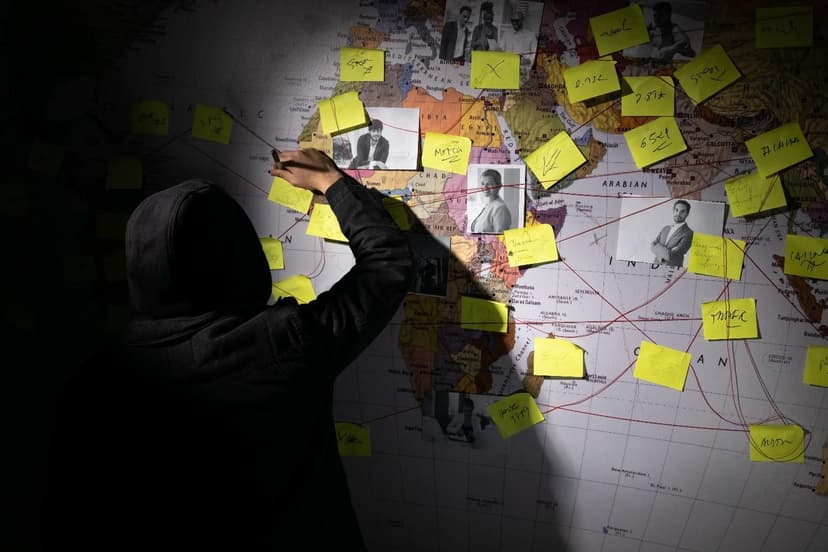 Espionage thriller scene with investigator analyzing a map of Europe covered in photos and notes for London Bridge Is Falling Down