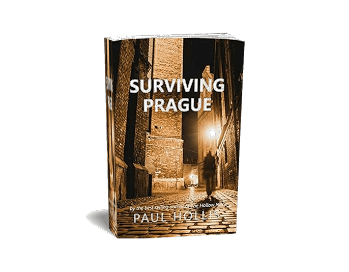 Historic Prague street scene with early 20th-century architecture, cover of the spy thriller novel Surviving Prague