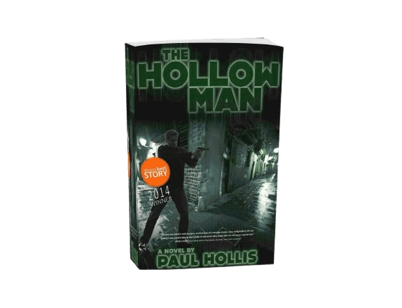 The Hollow Man espionage thriller book cover featuring a shadowy figure walking through a foggy European city street